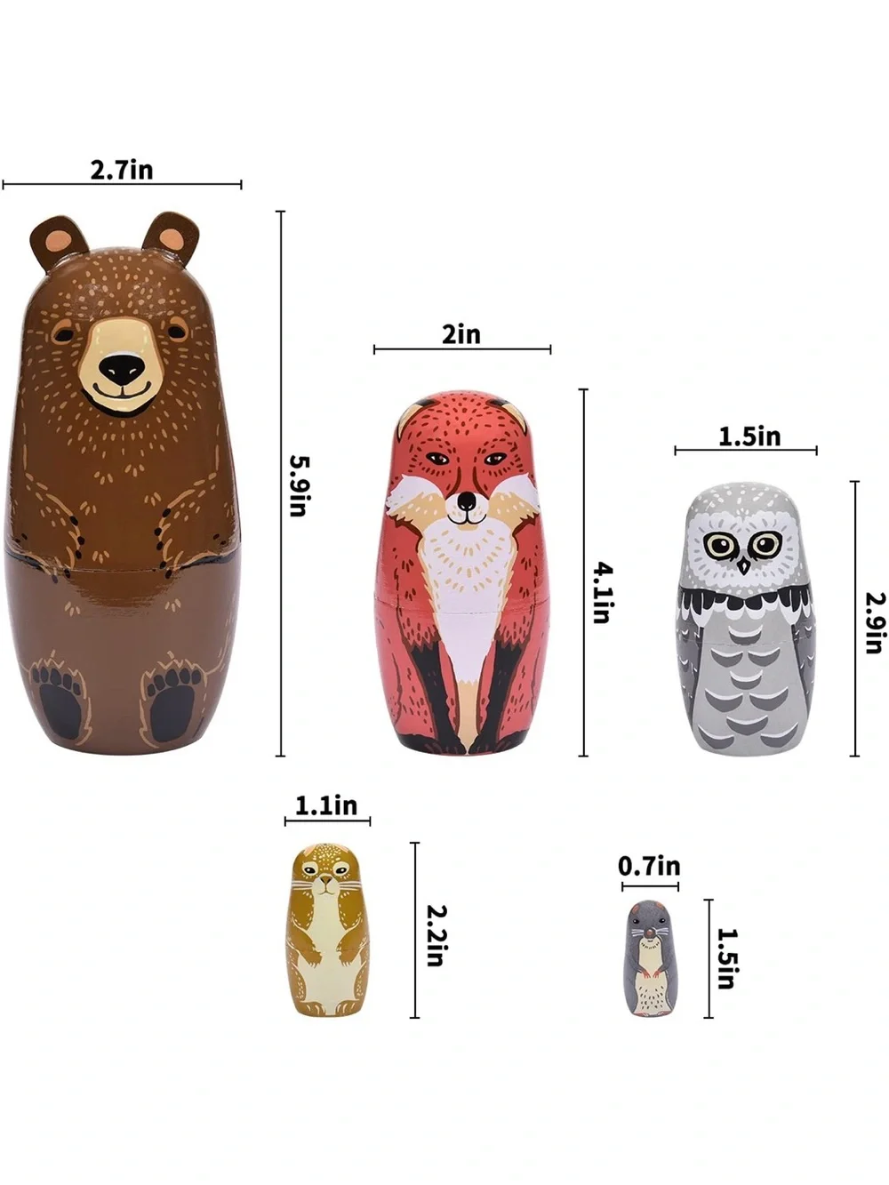 Woodland Animal Russian Nesting Dolls Set Bear Fox Owl Woodsy Forest Wood Toys